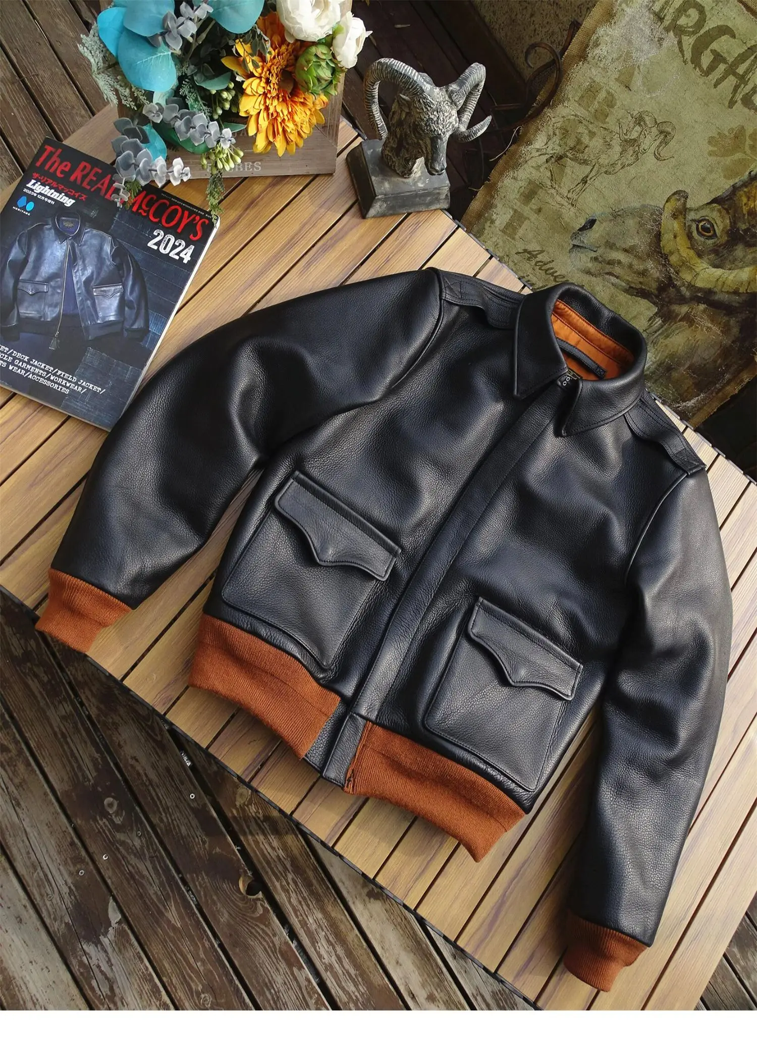 Men's A2 Bomber Jacket, Black Cowhide, Military Style Coat