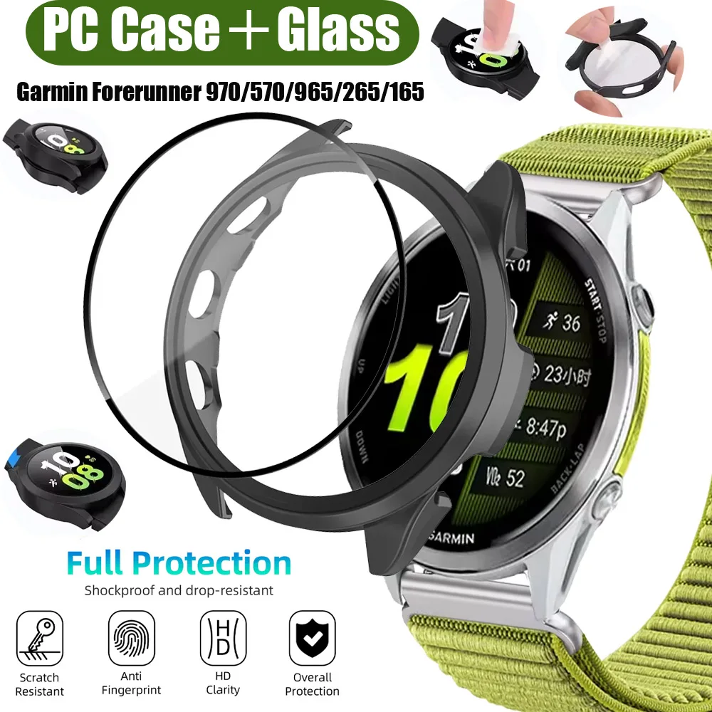 PC-Gehäuse + HD-Hartglas für Garmin Forerunner 970/570/965/265/165 Rundum-Rahmen-Stoßfänger Garmin Venu 3/4 45mm 41mm/Active 6/5