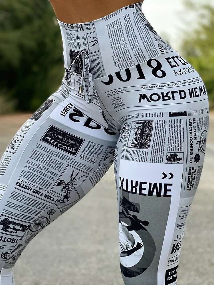 2025 New Trend Women Newspaper Print Butt Lifting Pants 2025 Summer Femme Anime High Waist Skinny Trousers Sporty Lady Clothing