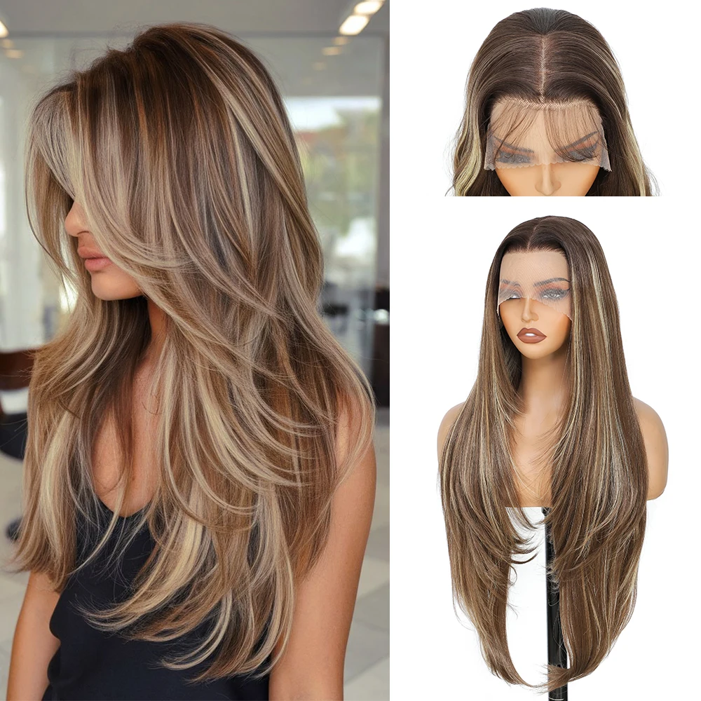 

30-дюймовый синтетический парик спереди, длинные 13X4 HD, прозрачные парики спереди, Ombre, шоколадно-золотые парики для ежедневных париков для косплея