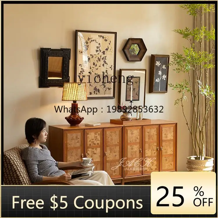 

1 French retro dining side cabinet, living room solid wood floor-to-ceiling entrance cabinet, antique square creative