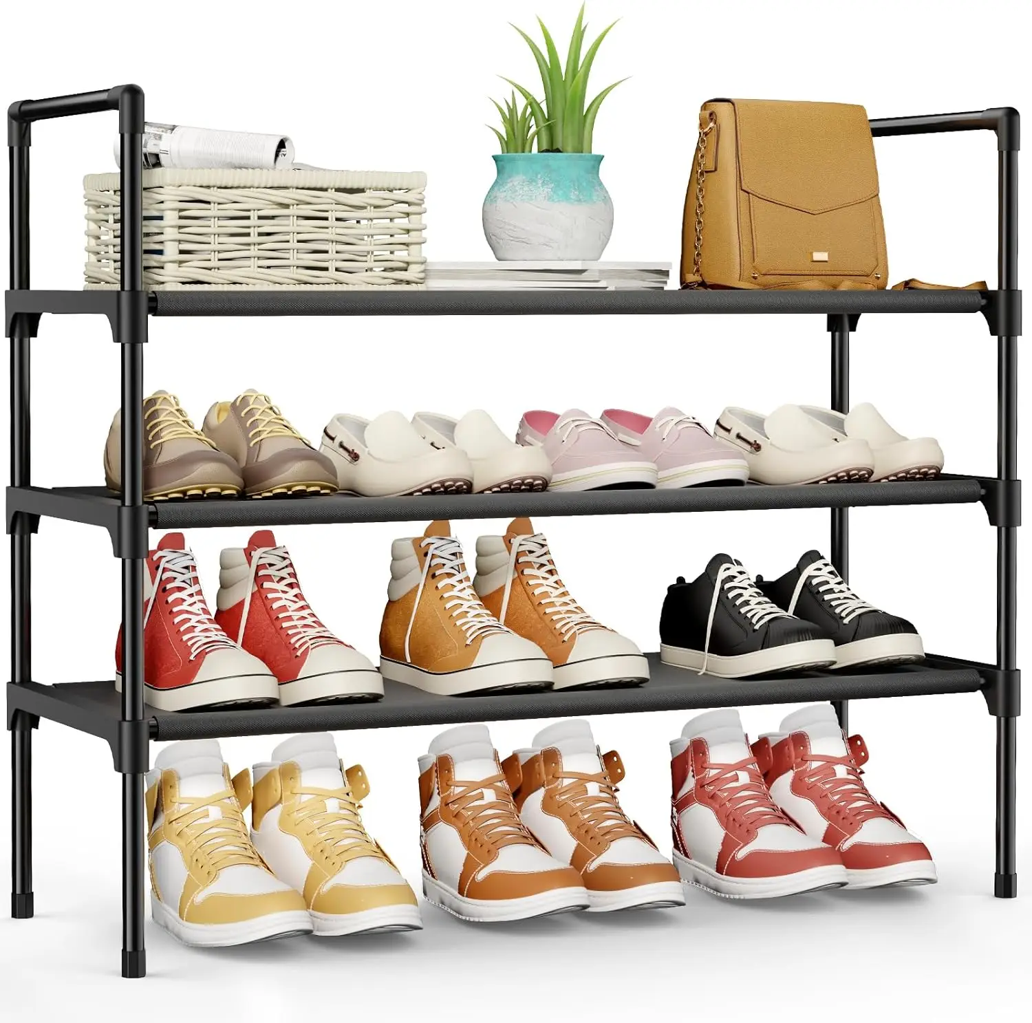 

Shoe Rack - 3-Tier Shoe Organizer, Shoe Rack for Closet, Entryway, Bedroom, Easy- Assembly Storage Shelf with Side Handl