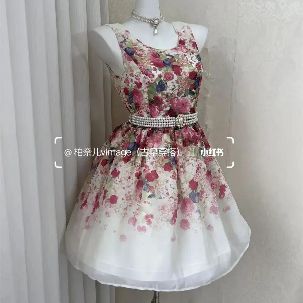

Japan Sweet Floral Sleeveless Vest Dress Summer New Temperament Age-Reducing Slimming Puffy Skirt For Women