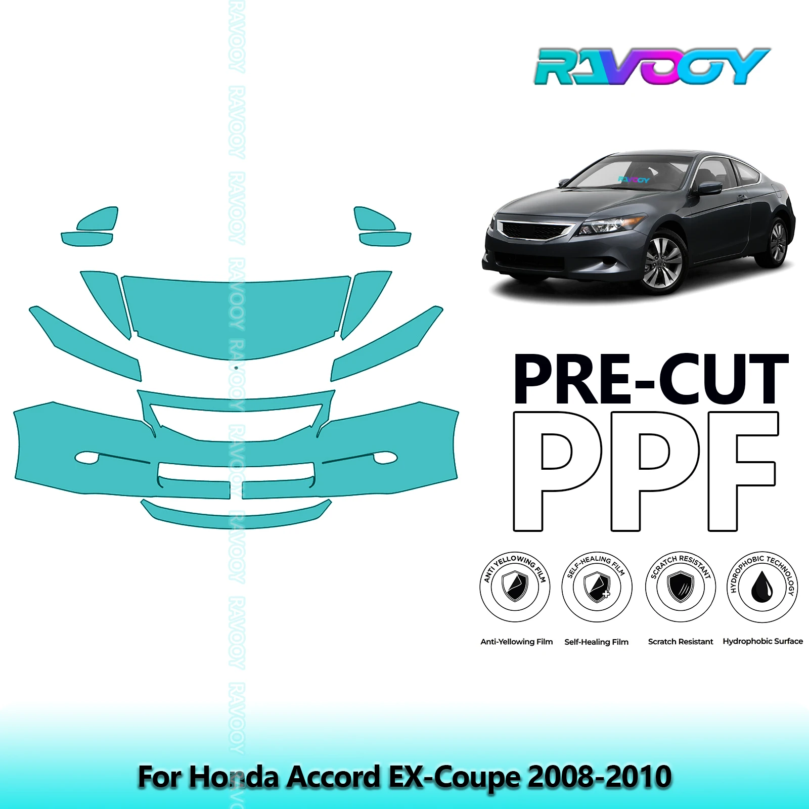 For Honda Accord EX-Coupe 2008-2010 Partial Front 8.5Mil Pre-Cut Paint Protection Film PPF Stone Chip Kit | Clear/Matte/Black