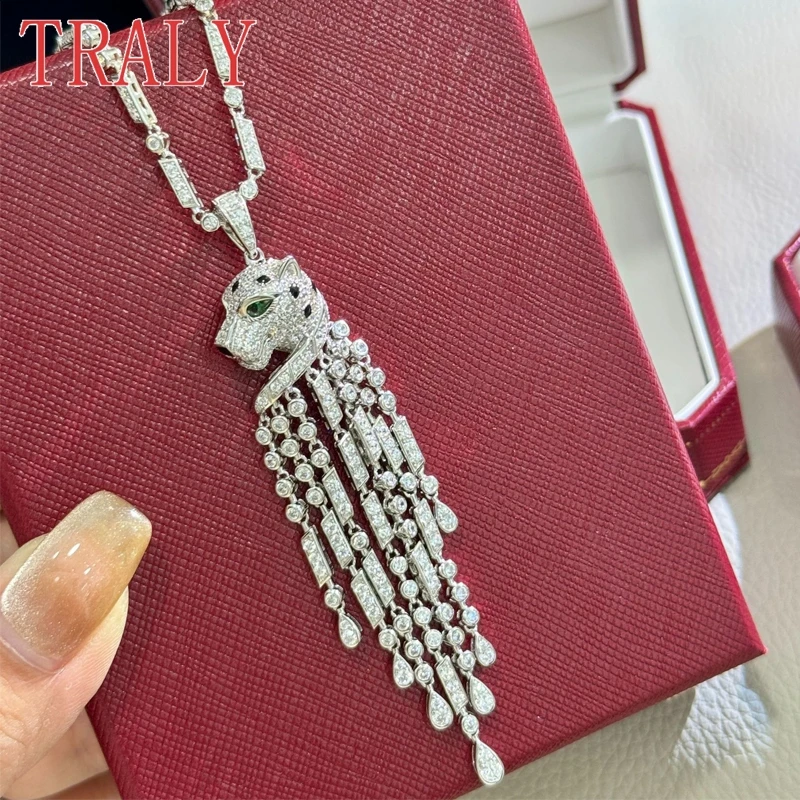 

925 Sterling Silver Leopad Head Tassel Necklace for Women Moissanite Full Diamond Banquet Pendant 90cm Luxury Party Jewelry Gift