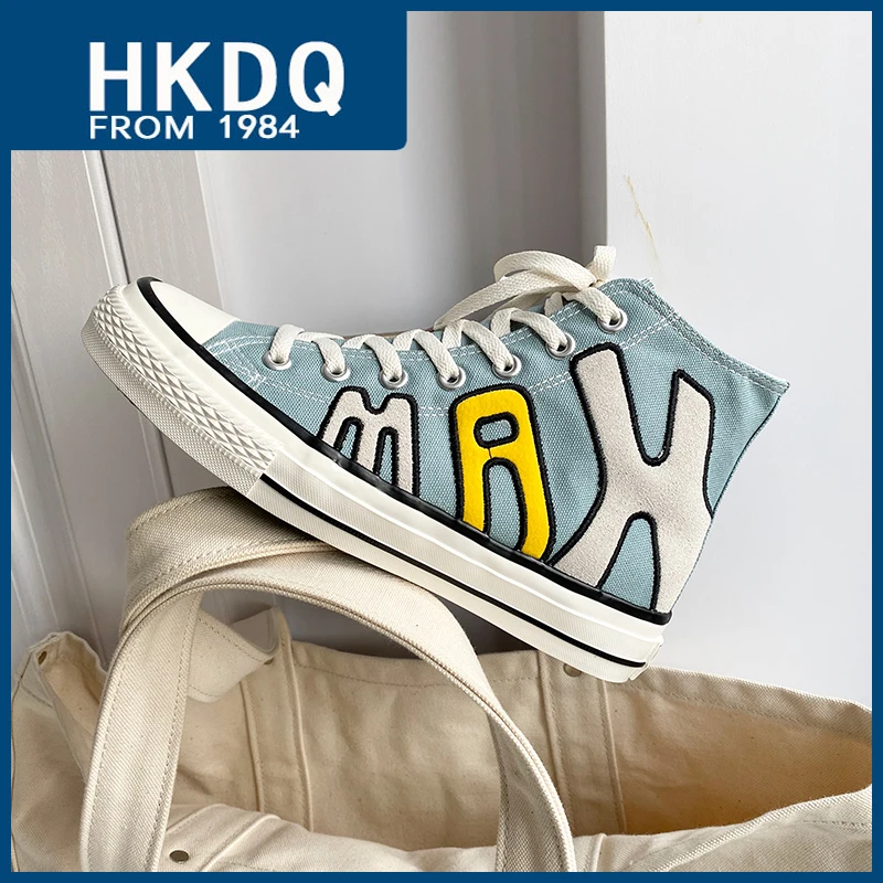 HKDQ Fashion Blue Canvas Shoes For Men High Top Breathable Lace-up Men's Vulcanized Shoes Outdoor Non-slip Casual Man Sneakers