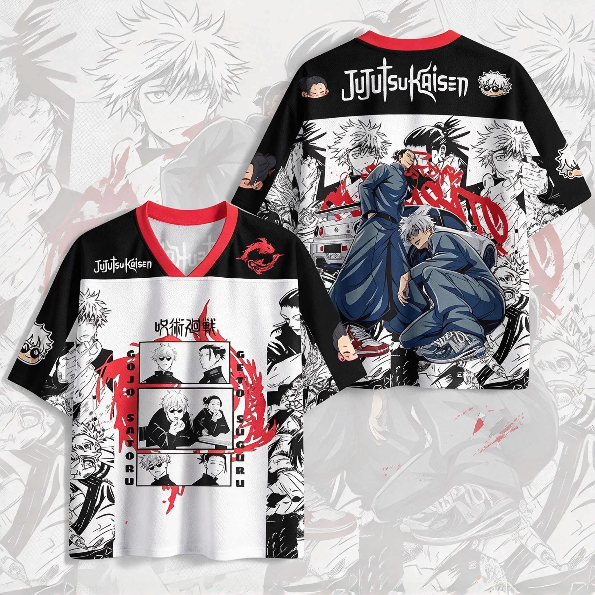 Trendy Retro Jujutsu Kaisen Comic Panel V Neck Shirt Unisex Stylish All Over Print Top For Daily Casual Weekend Outfit