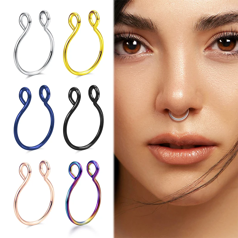2 Sizes U-Shaped Fake Nose Ring - Stainless Steel Non Piercing Septum Hoop, Clip-On Nose Jewelry for Women Men