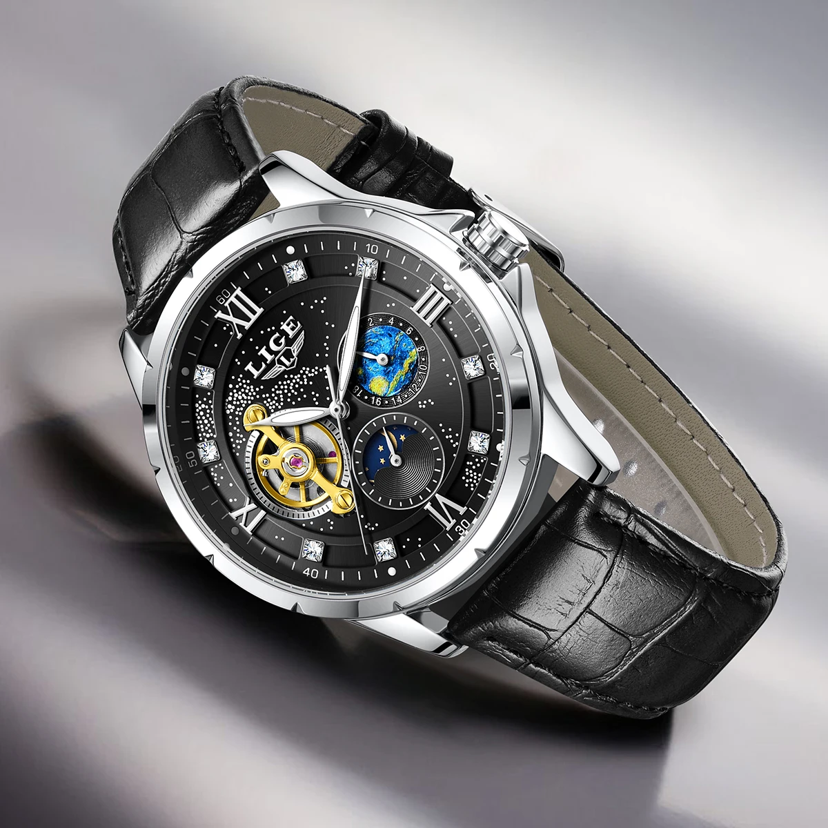 LIGE 2026 ساعة رجالي موضة عادية الأعمال مقاوم للماء ساعة ميكانيكية مضيئة الرياضة القمر المرحلة ساعة يد رجالي هدية رجالي #5