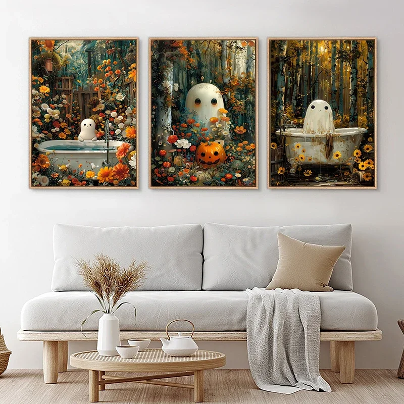 1pc frameless Canvas Painting Cute Pumpkin Ghost in Bathtub Poster Prints Dark Academy Gothic Halloween Vintage Canvas Printing