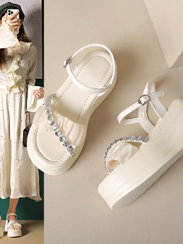 2025-サンダルクロスマフィン靴下駄ヒール女性の靴新フラット厚い高女の子ビーチ外スキャンダルクロス女性サンダル