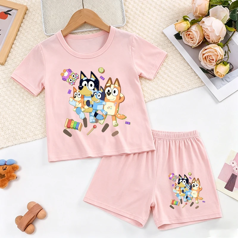 Conjunto de Pijamas para Niña con Diseño de Bluey, Ropa de Dormir Infantil de Verano de 2 Piezas, Camiseta de Manga Corta y Pantalones Cortos, Pijama para Niños