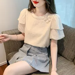 Women Summer Korean Fashion Lace Solid Color O-neck Short Sleeve Shirts Women Clothes Casual All-match Appear Thin Trend Tops