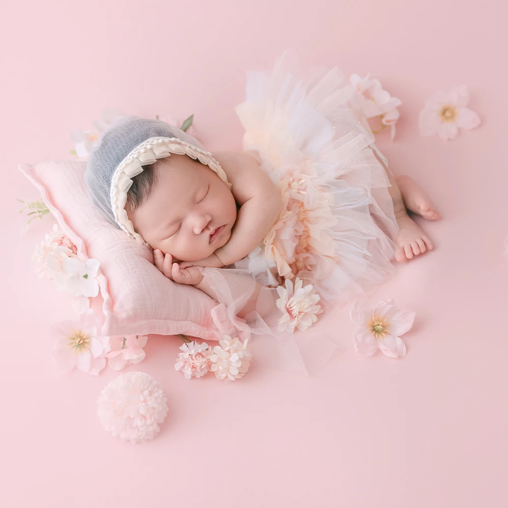 Newborn Girl Photography Props Kit Baby Pink Tulle Tutu Skirt Ear Headband Artificial Flower Decoration Props for Studio Shoots