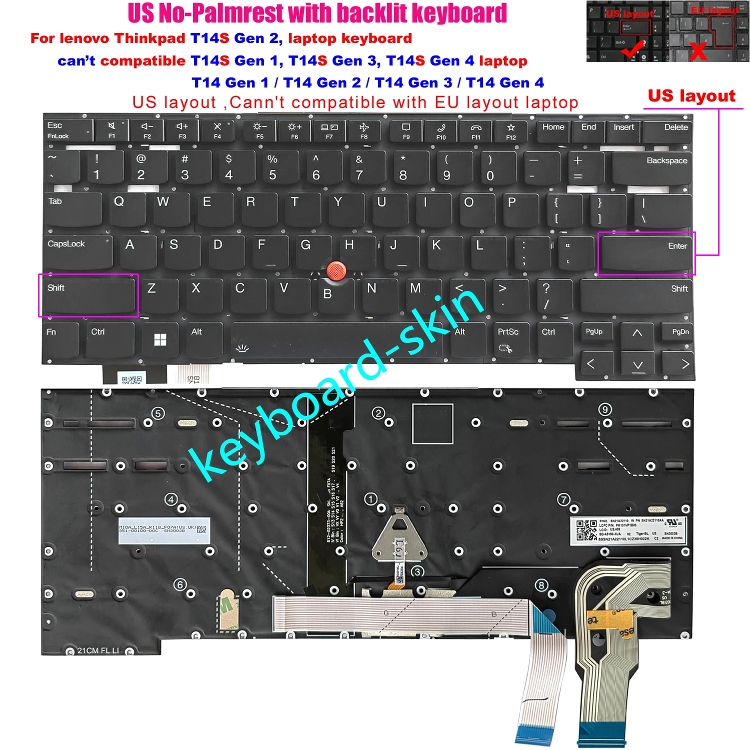 New US with-backlit keyboard for lenovo IBM Thinkpad T14s Gen 2 (isn't for T14s Gen 1 /Gen 3 /Gen 4) series laptop