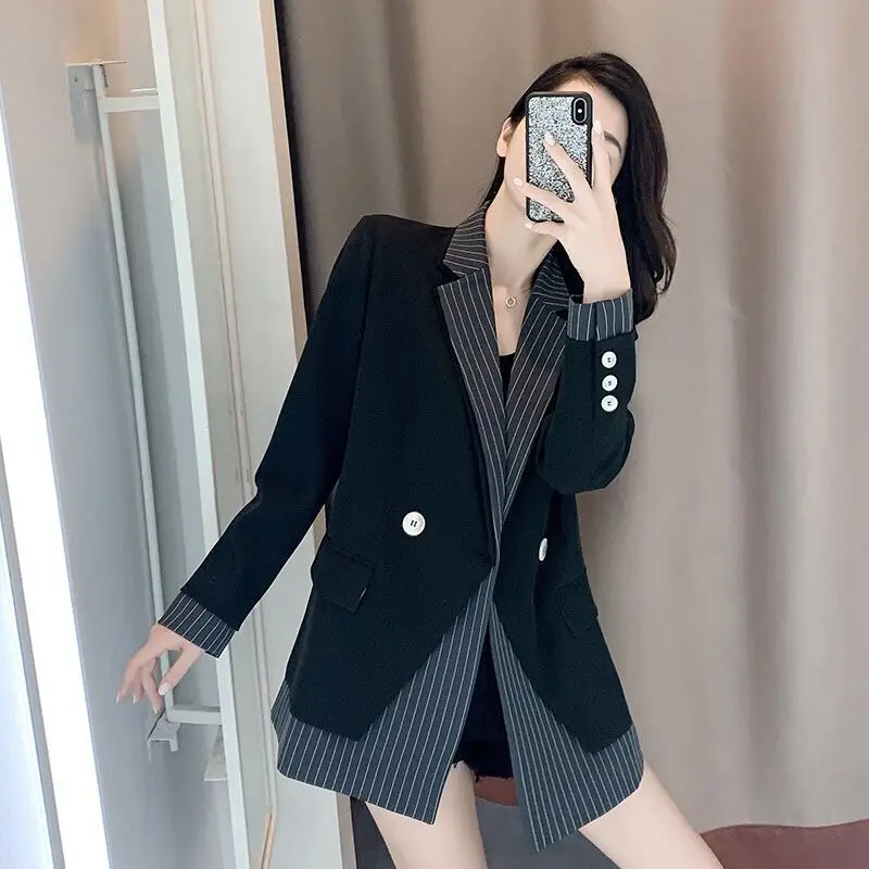

Blazer Mujer Women'S Coat Welt Wrap-Around Row Zipper Collar Extra-Long Splited Pattern Pleats Minimalism Golden Ropa Shoulders
