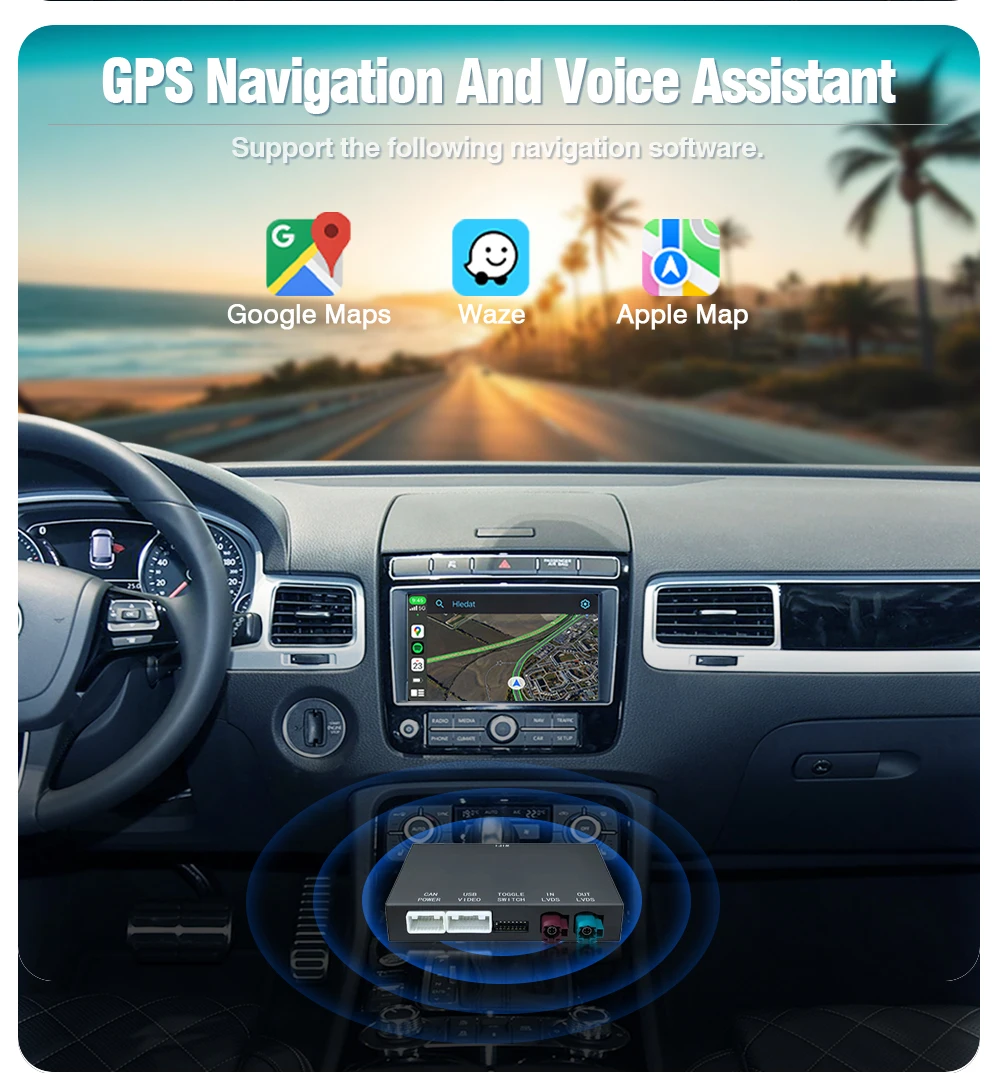 AUTOTOP CarPlay Android Auto Nachrüstbox für VW Volkswagen Touareg 2010-2017 RNS850, kabelloses AirPlay MirrorLink Navigationsmodul, mit Beibehaltung der originalen Parksensoren und der werkseitigen Kamera, während es gleichzeitig Aftermarket-Front- und Rückfahrkameraeingänge unterstützt. – Detail 13