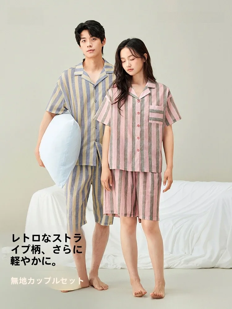anzibon-premium-cotton-couples-sleepwear-short-sleeve-summer-thin-set-home-clothes-women's-striped-short-pants-men's-leisure