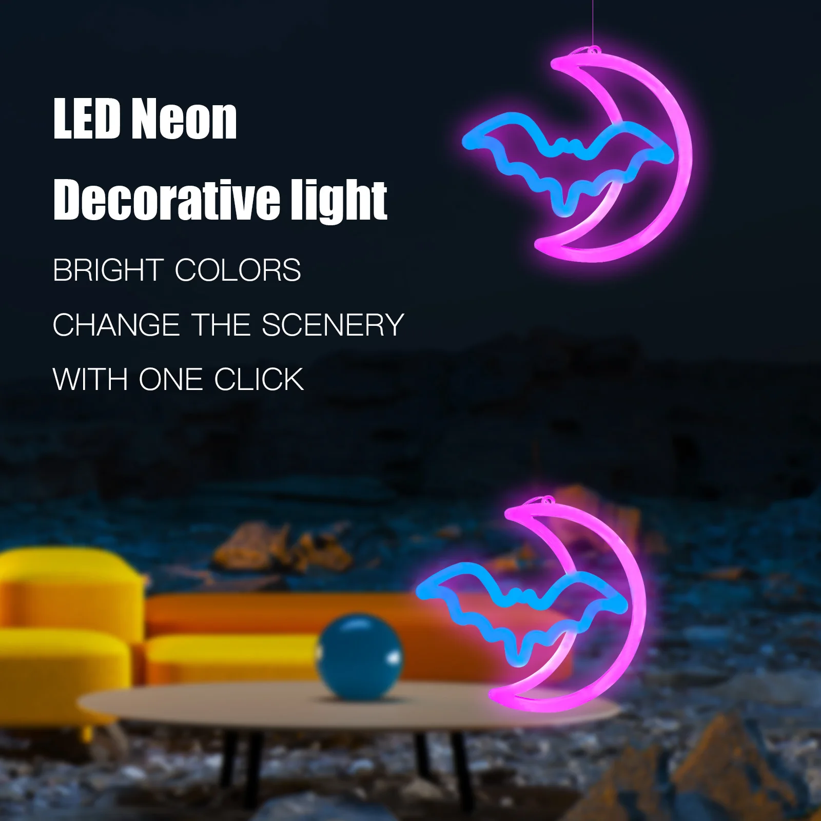 1PC Moon Bat Neon Light, LED Wall Sign, Battery/USB Powered, for Bedroom, Party, Wedding, Game Room (Batteries Excluded)