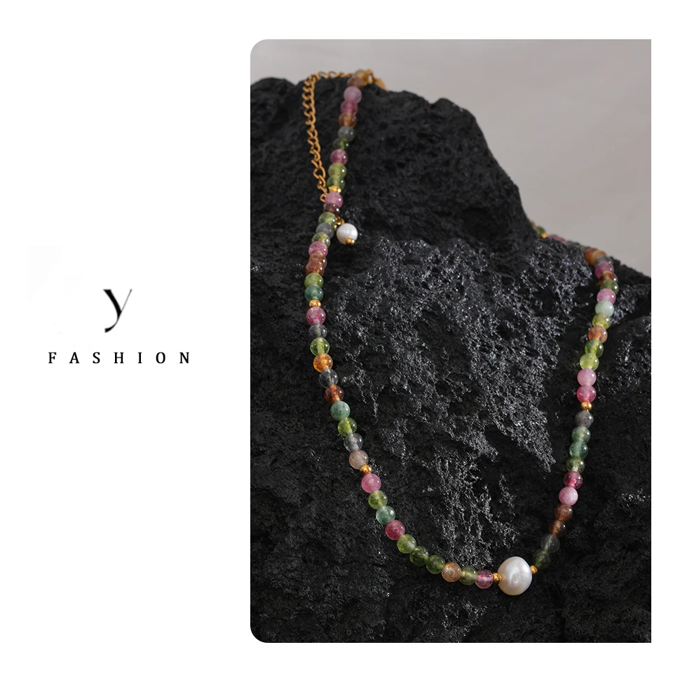 Yhpup Mehrfarbige natürliche Turmalin Stein Perle Halbedelstein Perlen Luxus Damen Halskette handgemachte Edelstahl Schmuck Geschenk – Detail 12