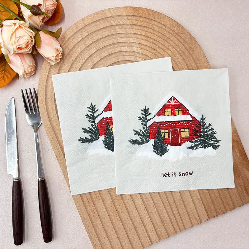 10/20pcs 33cm 2Layer New Christmas Elements Napkins Red House Christmas Tree White Disposable Paper Meal Mat DIY Decoupage Paper