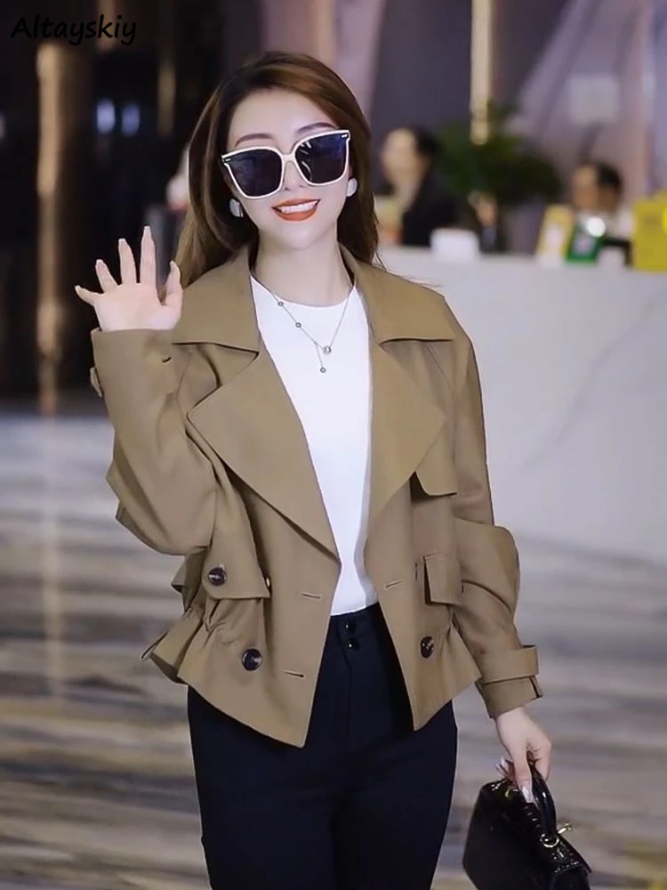 

Notched Trench Women Vintage Defined Shirring Temper Chic Pure Office Lady Cool Autumn Basic Overcoats Streetwear 2023 Popular