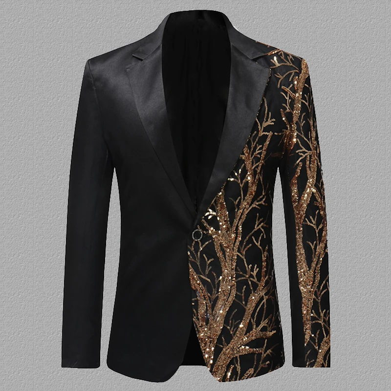 

Gold Embroidered Sequins Shiny Blazer Men Asymmetry Singer Host Stage Costume Tuxedo Wedding Dress for Man