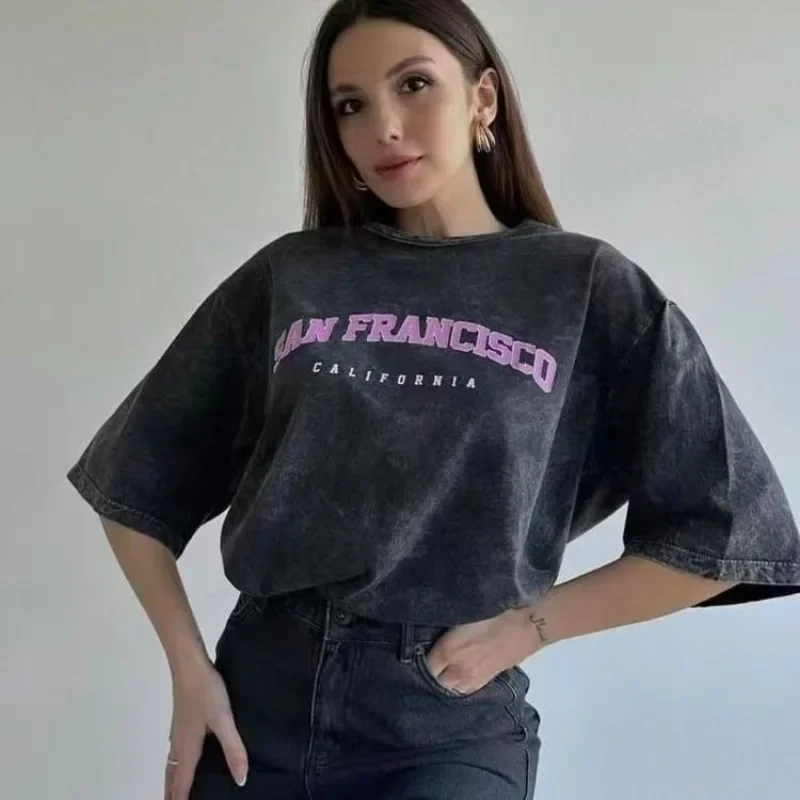 San Francisco Print American Vintage Black Casual T Shirts Women High Street Casual T Shirt 2024 Summer Oversized T Shirt New