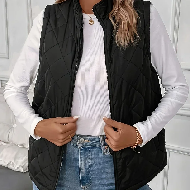 Solid Zipper Quilted Vest Versatile Sleeveless Winter Warm Vest Coat Outwear Stand Collar Lightweight Vest Jacket for Women