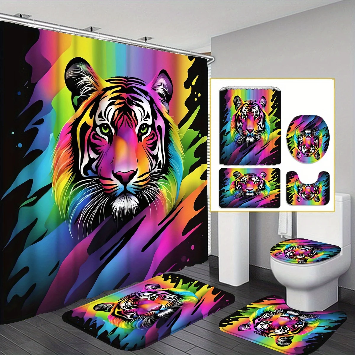 

Rainbow Animal 4pcs shower curtain Bathtub Curtain, Shower Curtain with 12 Hooks, Non-slip Bath Blanket, Toilet U-shaped Mat