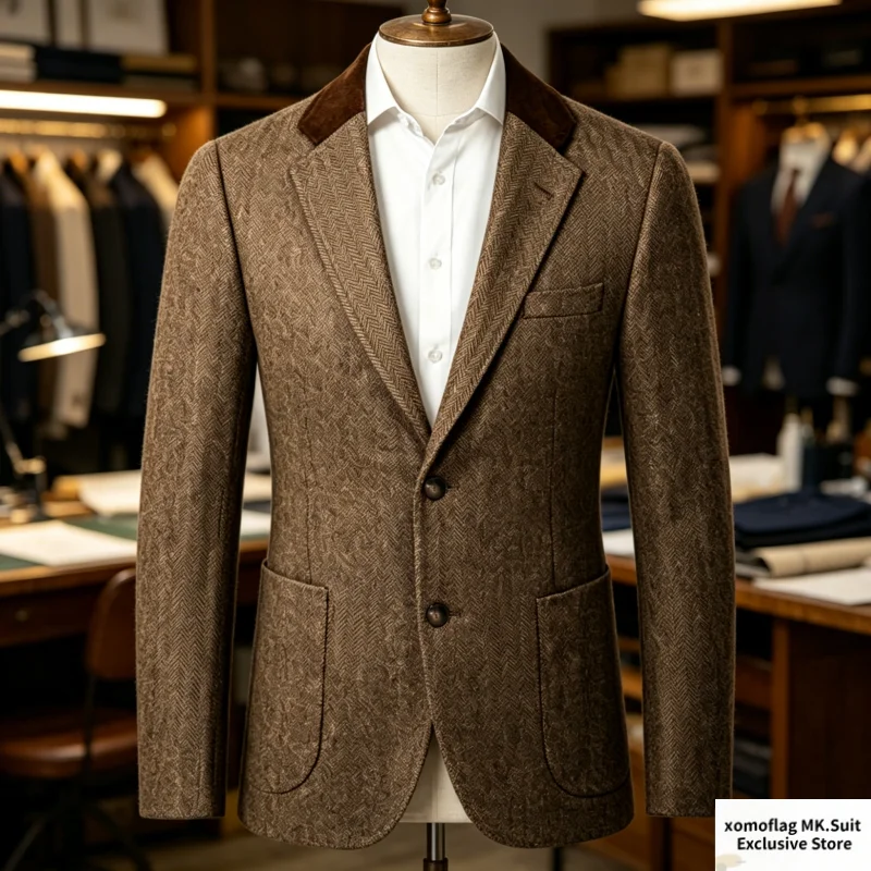 Autumn Winter Men's Blazer Wool Blend Herringbone Tweed Sport Coats Wedding Collar Splicing Velvet Suit Jacket  Vintage Pants