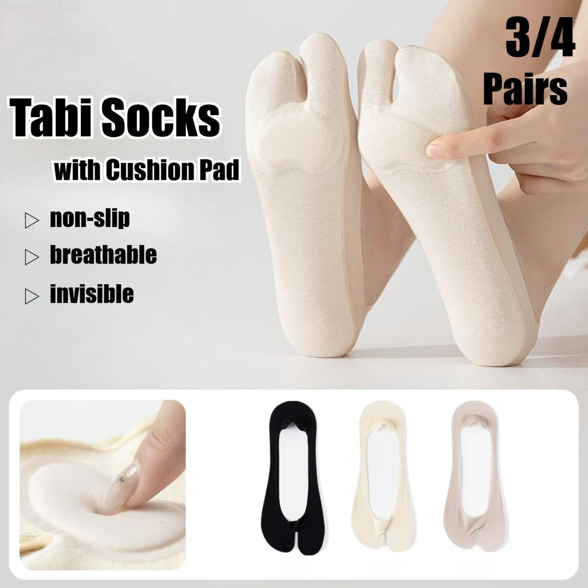 3/4 Pairs Invisible Tabi Split Toe No Show Socks Women With Cushion Pad Non Slip Socks Low Cut Sock for Mary Jane Shoes