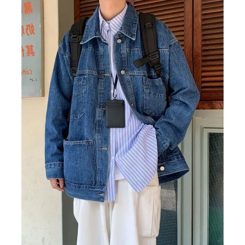 

Retro American Japanese Sle Oversize Waed Blue Men's Denim Jaet Spring Autumn y Vintage Loose Fit Long Sve
