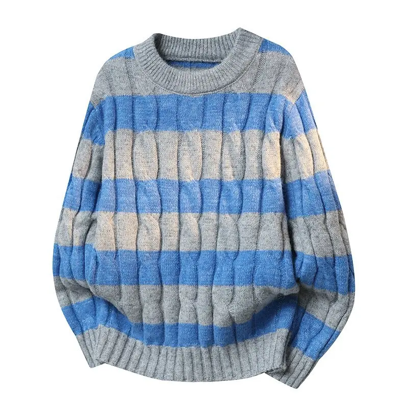 

Korean Chic Unisex Oversize Striped Cable Knit Sweater 2025 Winter Warm Vintage Pullover Knitwear Couple Knit Men Sweaters