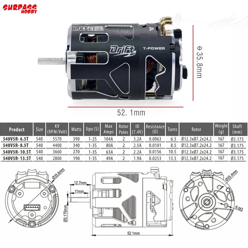 มอเตอร์ดริฟท์ไร้แปรงถ่าน RC Car Surpasshobby Rocket 540 V5R สำหรับรถ RC ขนาด 1/10 1/12 1/14 รถแข่ง RC รถบรรทุกแต่ง