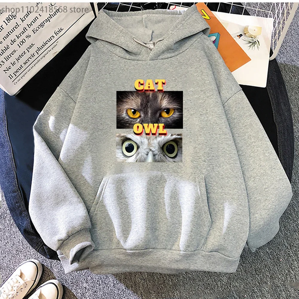 Animal Garphic Men Clothing A Cat and An Owl Hoodies Cartoon Sweatshirt Long Sleeve Pullovers Streetwear Women Tops Y2k Clothes