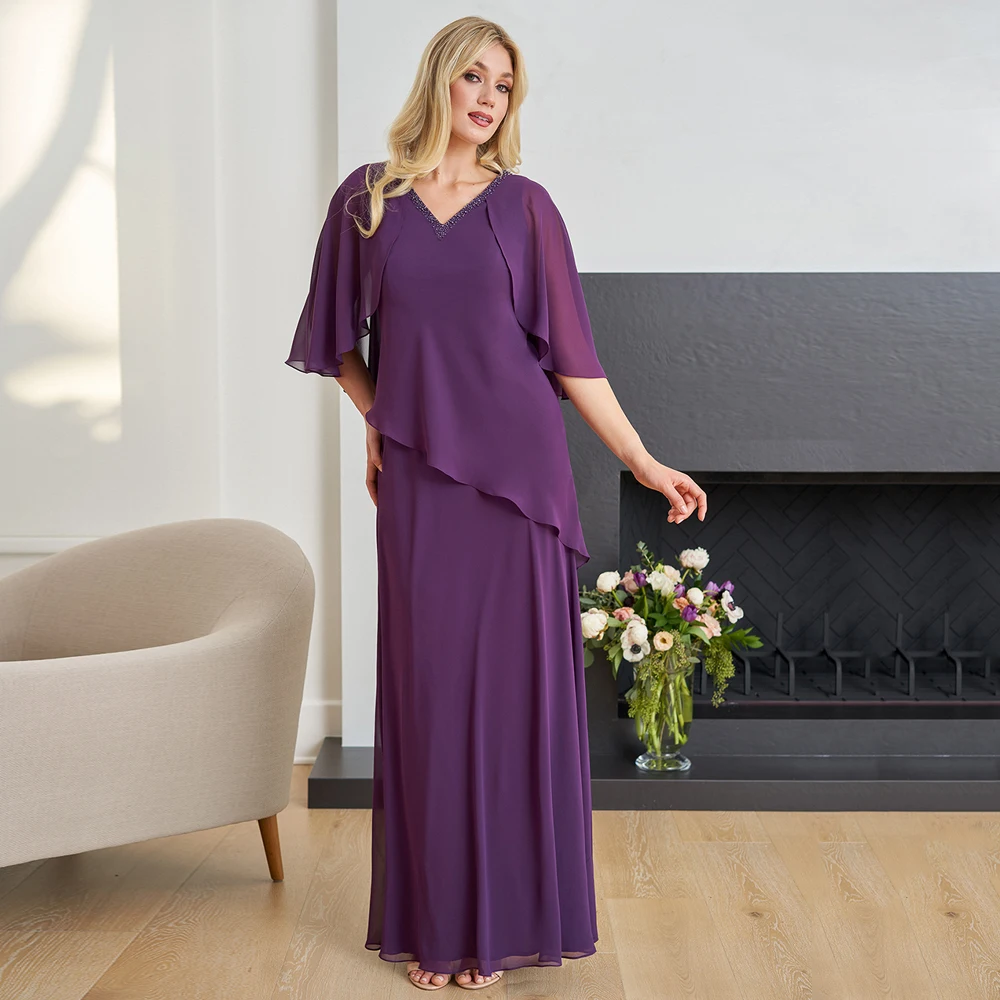 Robe longue en mousseline de soie perlée avec cape pour femme, robe d'invité de mariage, robes de soirée élégantes, demi-manches, col en V, mère de la mariée