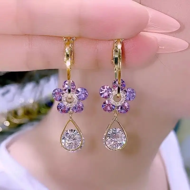 1 Pair Flower Pendant Earrings Elegant Ladies Fashion Earrings Accessories Temperament Elegant Crystal Pendant All-match image 4