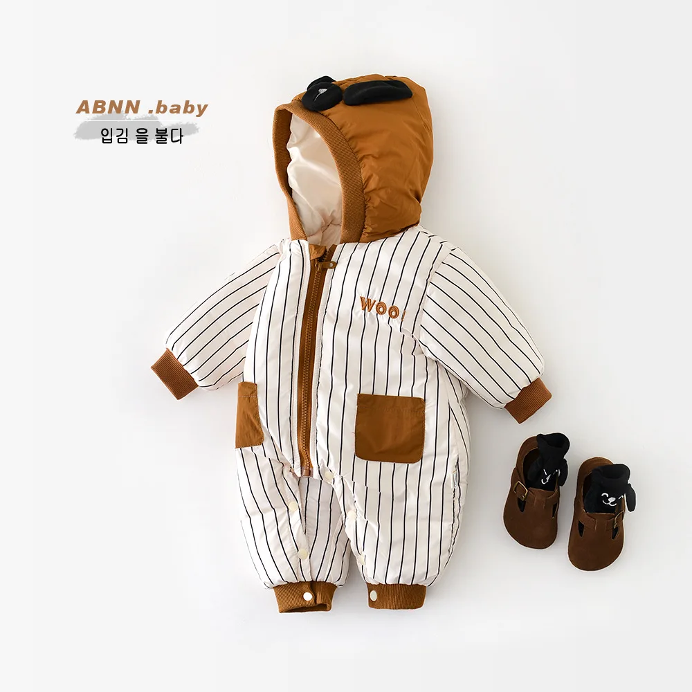 Winter Baby Boys Cotton Padded Jumpsuit Striped Hooded Cartoon Dog Infant Boys Outdoor Climbing Suit Toddler Boys Rompers