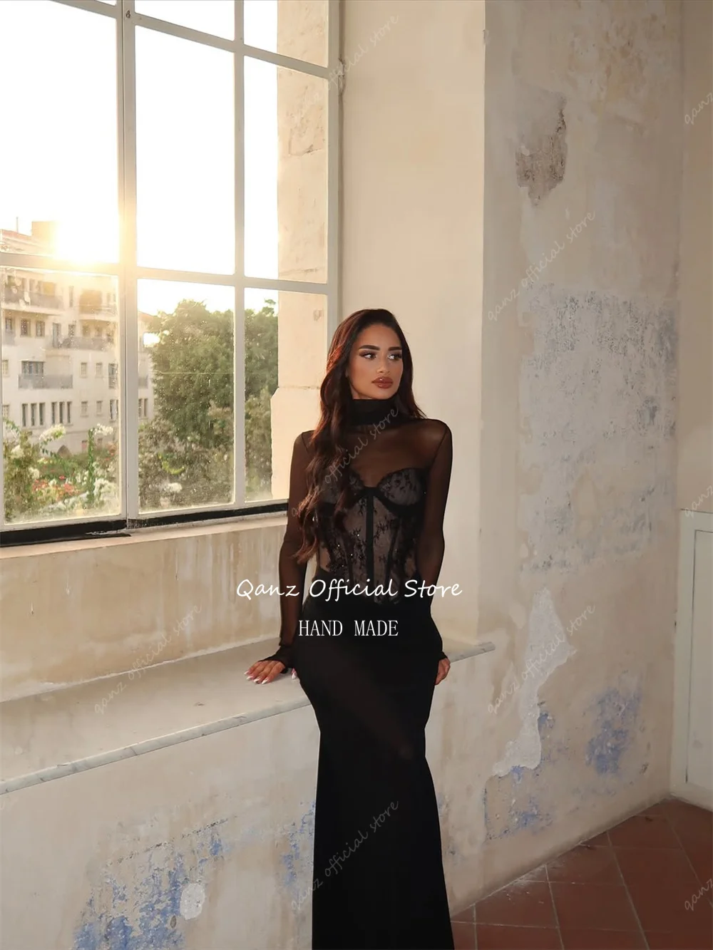 Qanz Luxury Black Prom Dresses Mermaid Lace Evening Eresses For Gala Dinner Corset Long Sleeves Vestidos De Fiesta Customized image 5