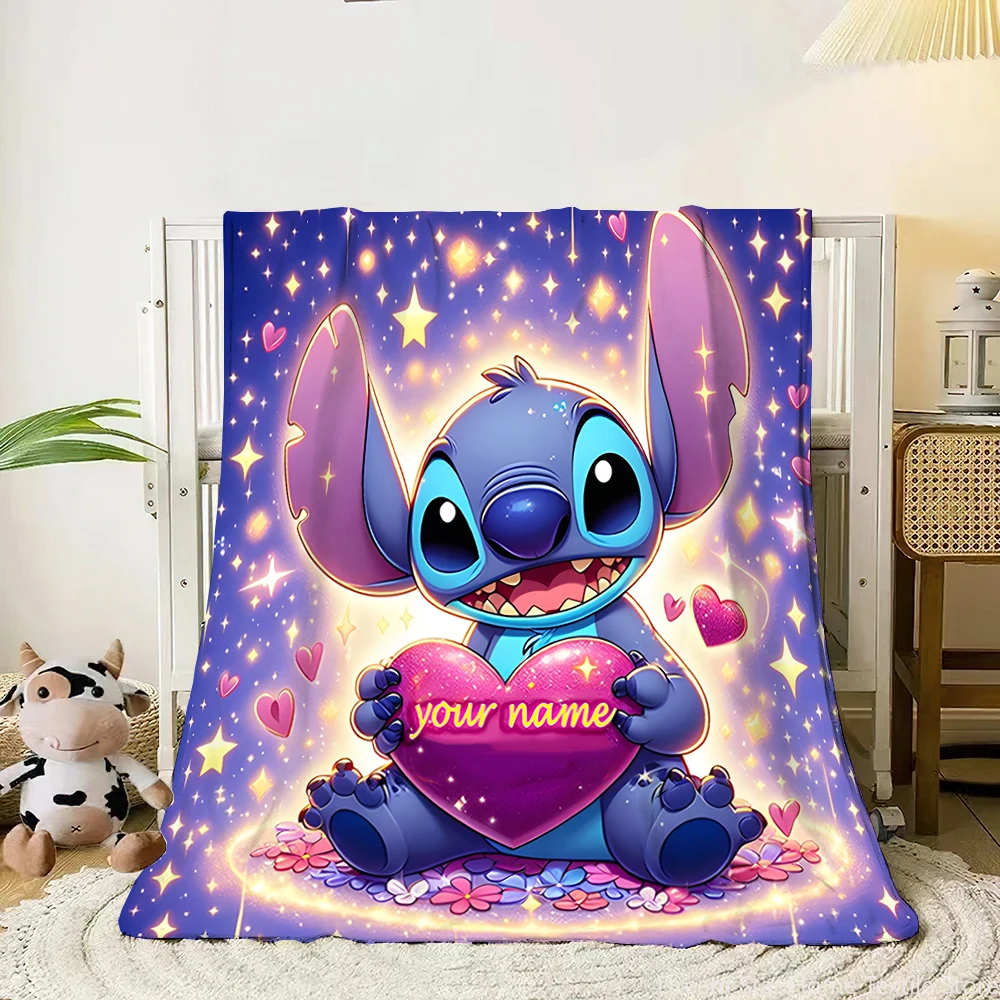 Customized Name Printed Flannel Blanket Disney Stitch Blanket for Sofa Bed Soft Warm Christmas Gift Travel Car Camping Blanket