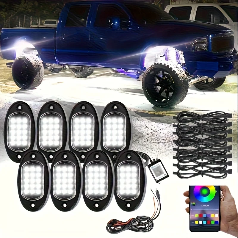 

4/8Pods, Car Accessory Exterior Accessories RGB LED Rock And Roll Lighting Kit, with APP/RF, Chasing Dream Color Multi-color Downlight And Music Mode 12V Exterior Lights, Vibrant Colored Lights for Trucks, UTV Golf Cars, Off-road Vehicles