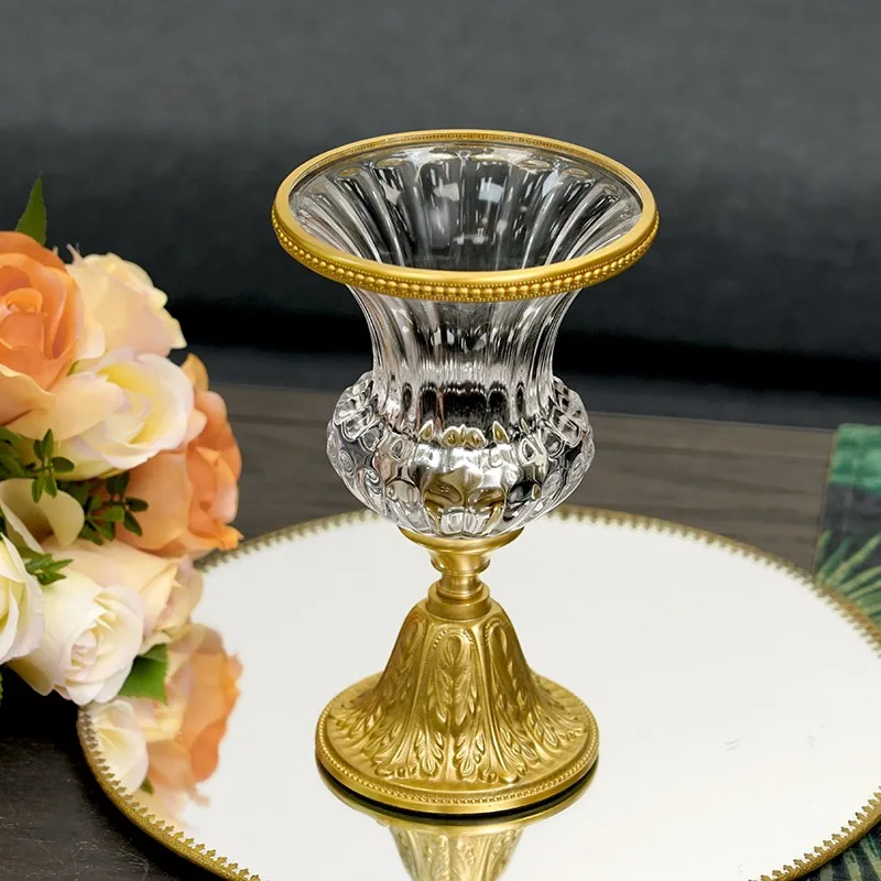 For Vintage Brass Glass Vase, Luxury Crystal Flower Arrangement Ornament for Living Room Decor