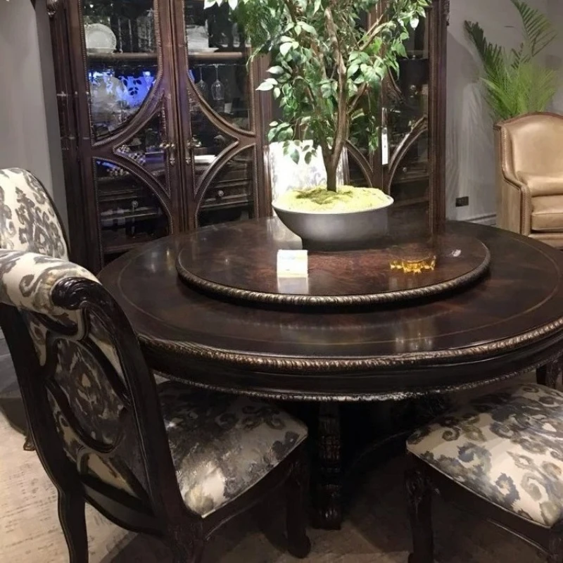 Furniture, manor American solid wood retro carved European turntable dining table