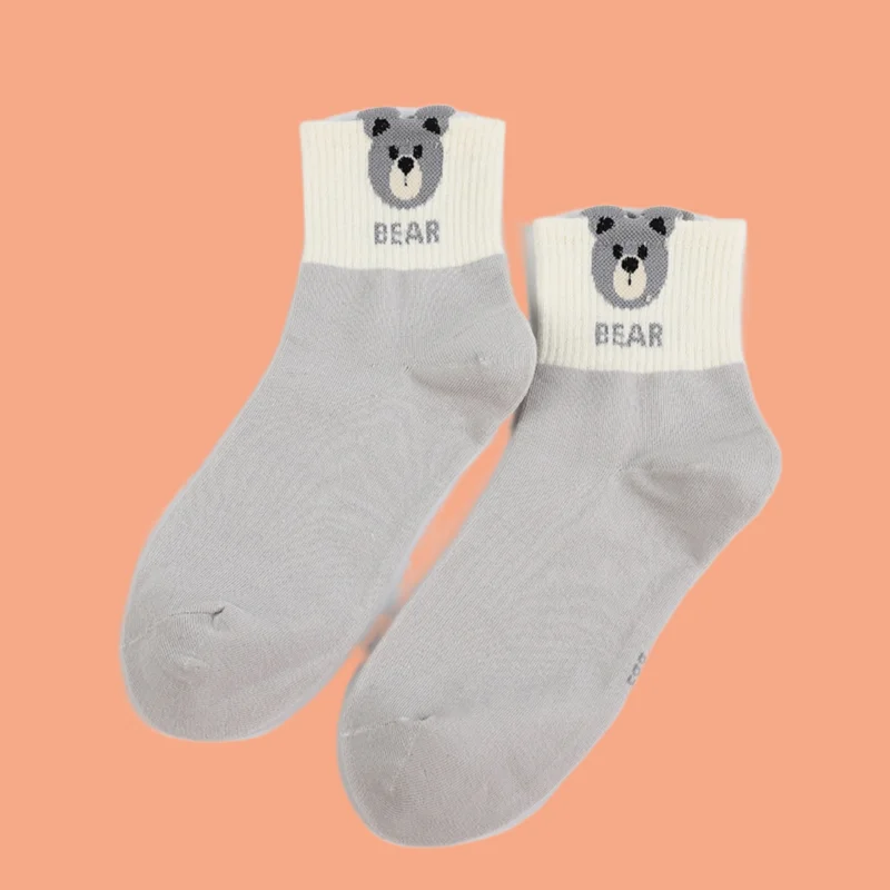 

5/10 Pairs Bear Socks Women Cartoon Cute Middle Socks Korean College Style 2024 Hot Sale Women's Beige Gray Splicing Short Socks