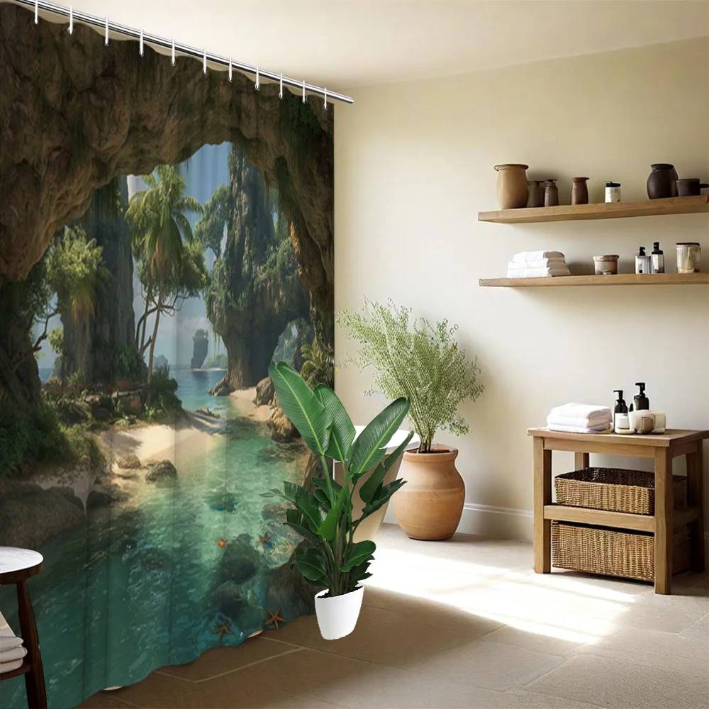 Tropical Rainforest Waterfall Shower Curtain Waterproof Bathroom Decor Jungle Paradise Curtain for Modern Home Bath