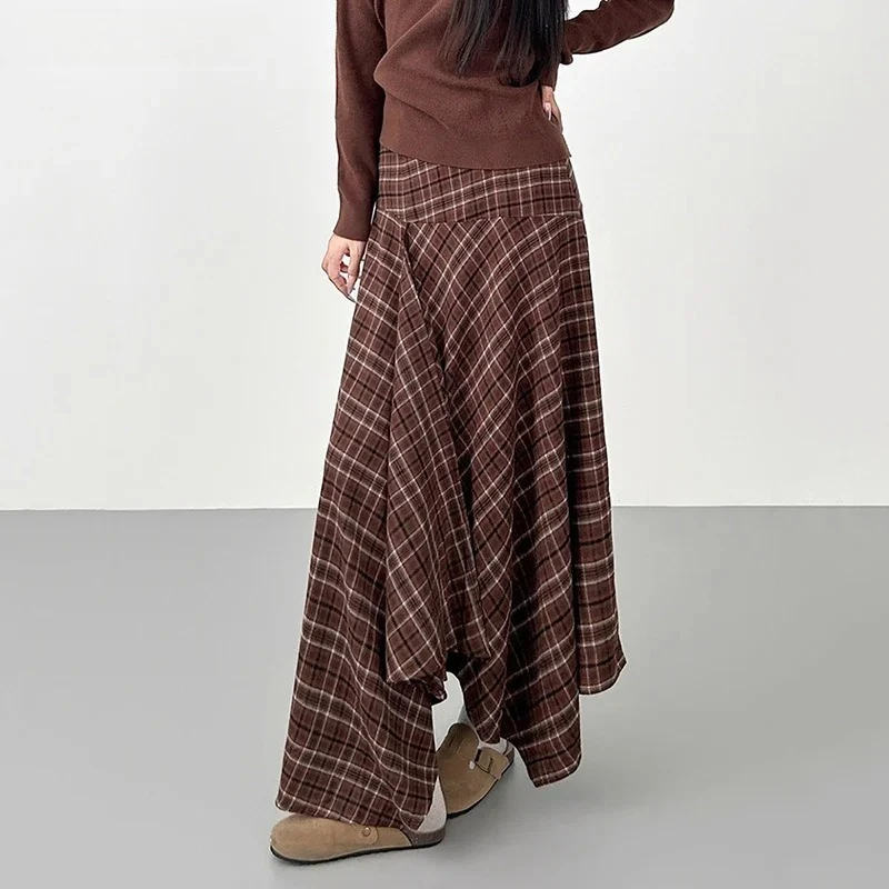 IMU Women Stitch Ruffle Plaid Skirt Irregular Hem High Waist Maxi Long Casual Asymmetrical Skirt Festival Vintage Bott