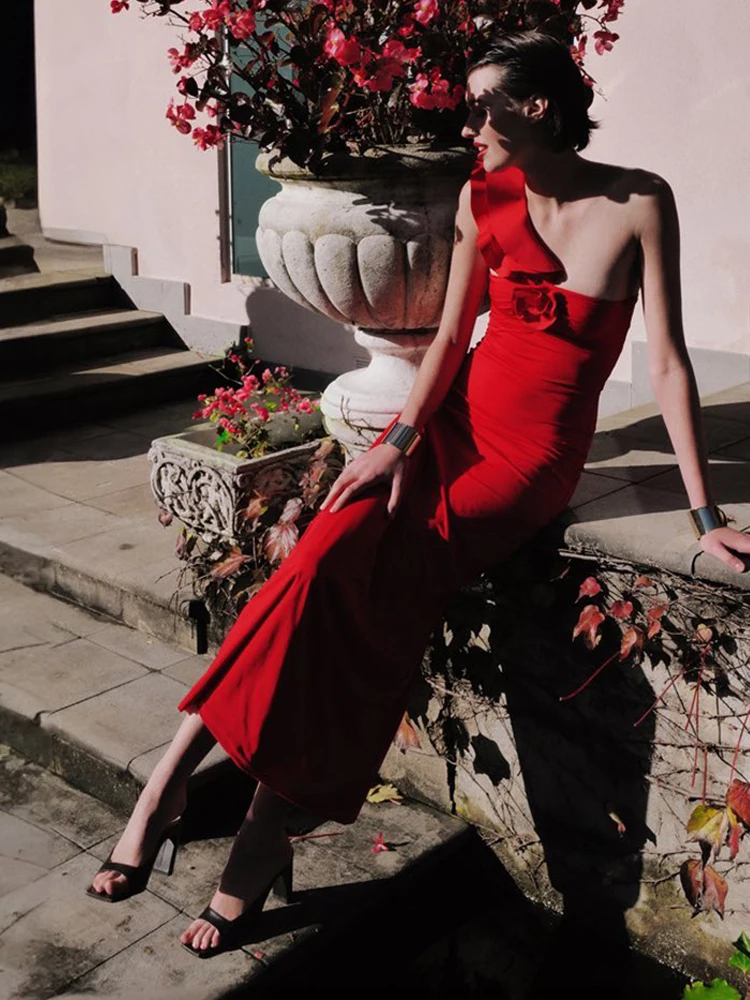 

Elegant Red Ruffle Cocktail Parties Long Dresses – Wedding Guest & Party Long Dress Holiday Party Backless Christmas Outfit