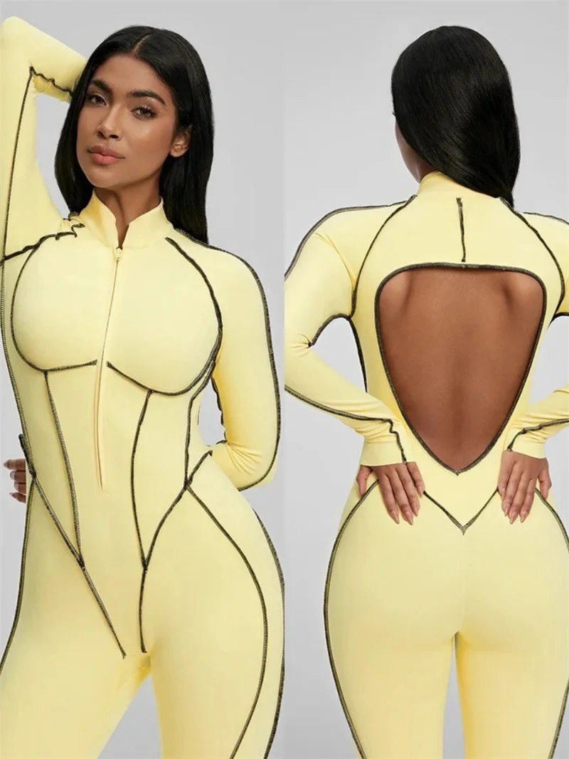 

Tight Sports Fitness Jumpsuit Woman Gym Workout Running Jumpsuits Women Slim Zipper Long Sleeve Backless Yoga Clothes