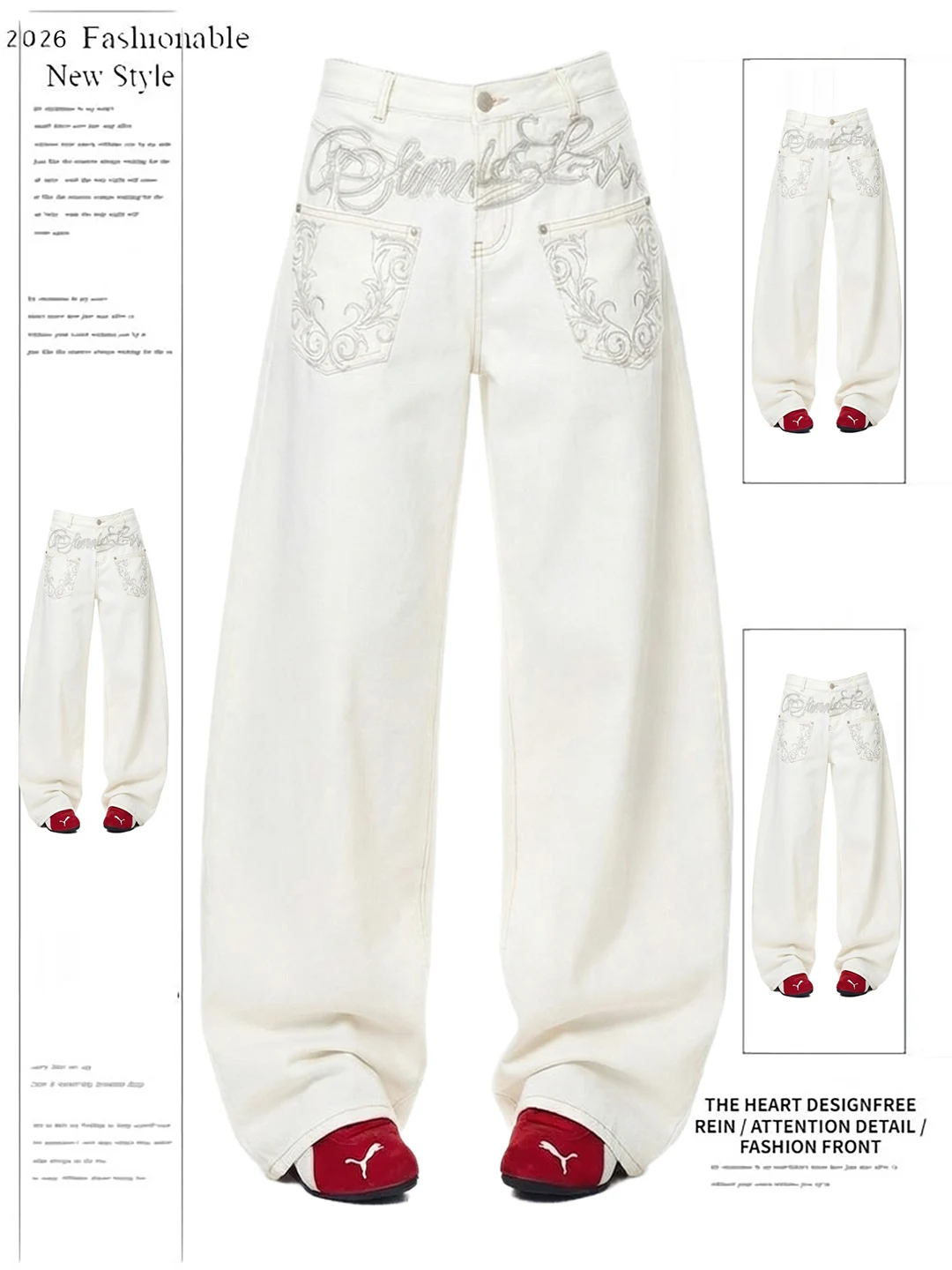 

American Style High Waist Straight Leg Wide Leg Denim Pants White Embroidery Design Women's New 2026 Floor Length Trousers